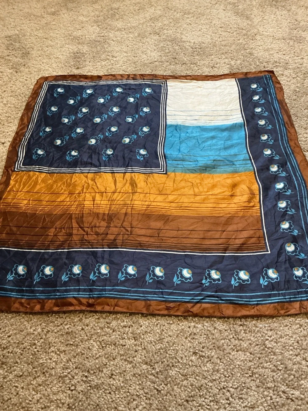 True Vintage 1970’s Brown & Blue Scarf-Made In Italy, Boho, Mod